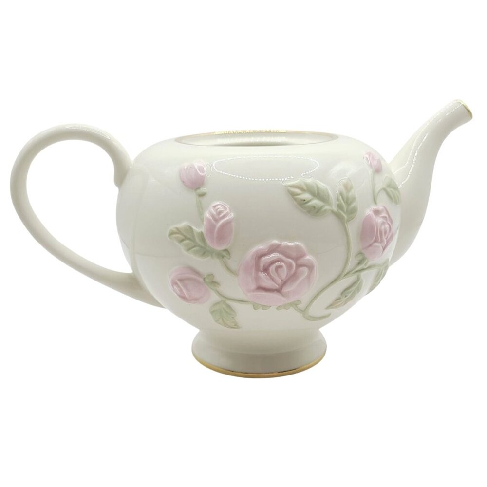 Lenox Great Giftables Rose Vine Teapot Porcelain Pink Rose Gold Trim Floral - Picture 4 of 14